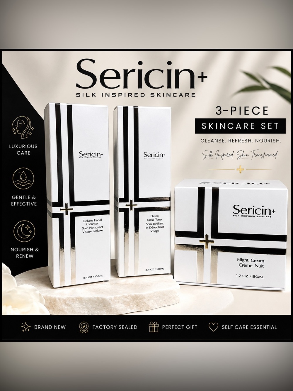 NEW Sericin+ Silk Inspired Skincare 3-Piece Set | Cleanser, Toner & Night Cream